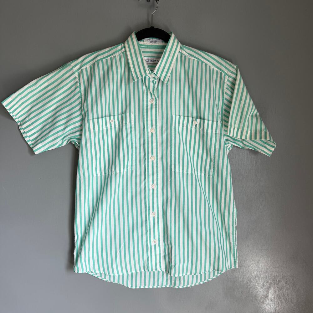 Vintage NORTHERN ISLES Women's 8 Green Striped Retro Short Sleeve Blouse MCM